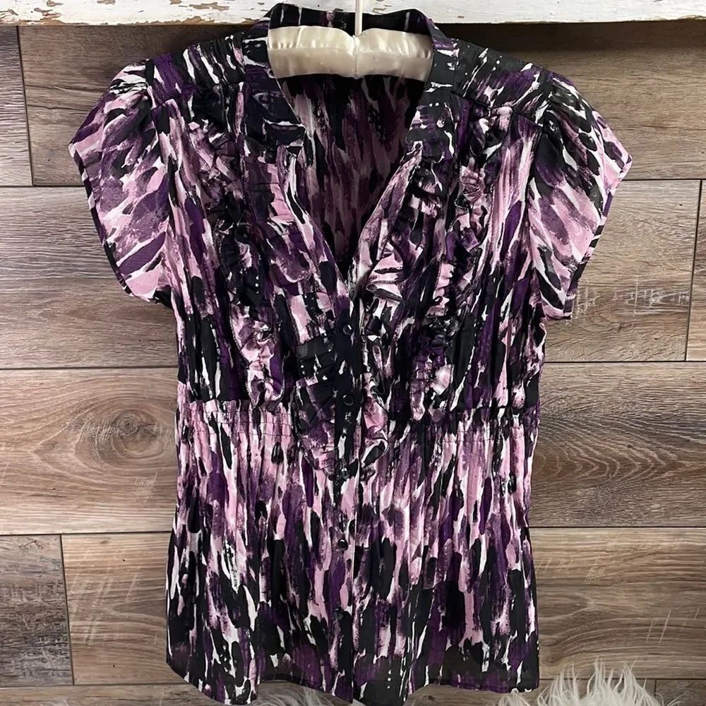 Nue Options Ladies Ruffled Dress Blouse Top, Size Medium, Pink, Plum & Black